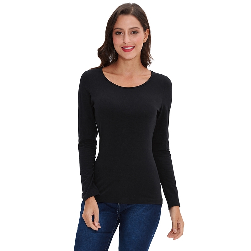 Women Basic Solid Long Sleeve T Shirt Round Crew Neck Plain Cotton Spandex Plus Size Lady tees & tops Autumn