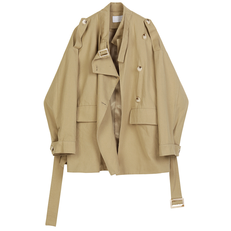 EAM Loose Fit Khaki Bandage Stitch Big Size Jacket Stand Collar Long Sleeve Women Coat Fashion Spring Autumn 1D361 201017