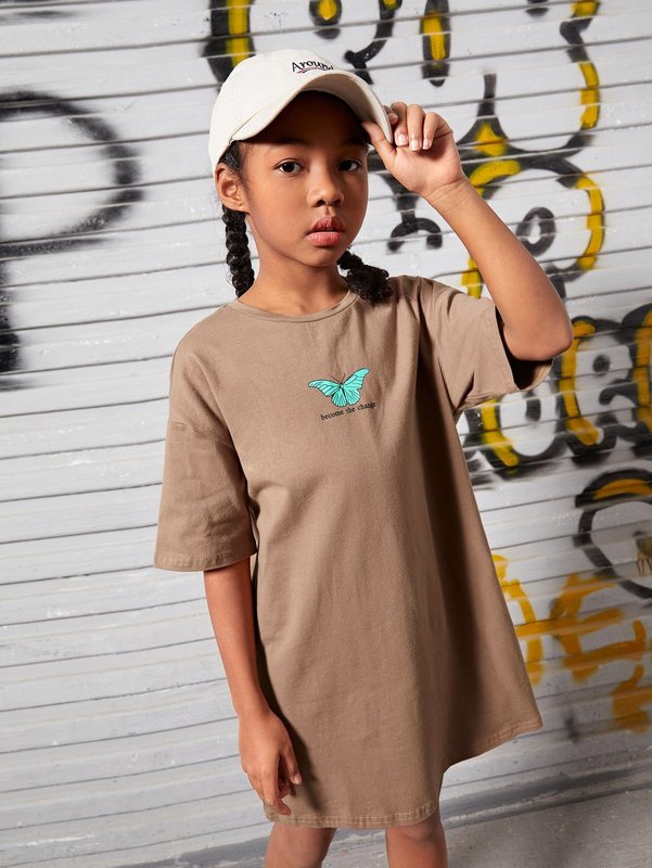 Girls Butterfly & Slogan Graphic Drop Shoulder Dress SHE
