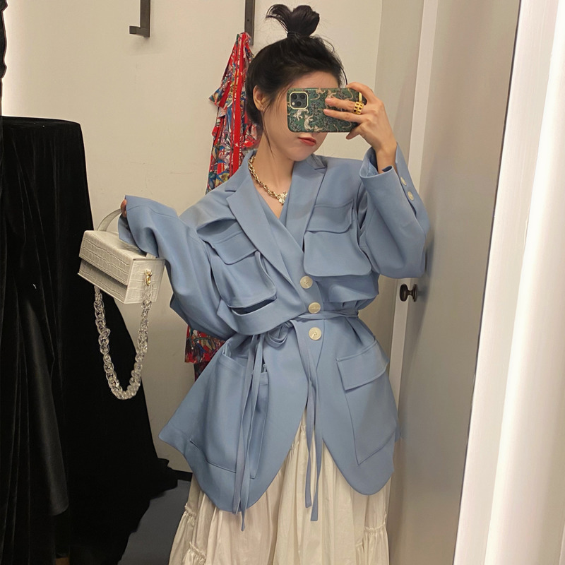 EWQ Autumn Casual Women Blazer Notched Collar Long Sleeve Lace Up Patchwork Pockets Female Jacket Fashion Clothes 201114