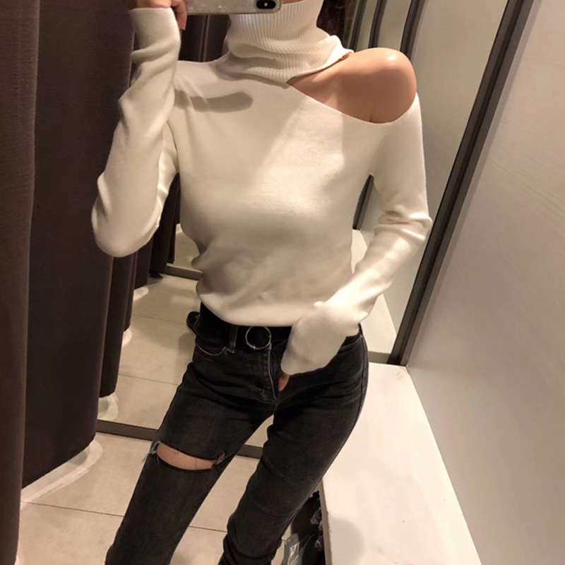 Knitted Sweater Off Shoulder Pullovers Sweater for Women Long Sleeve Turtleneck Female Jumper Black White Gray Sexy Clothing T200101