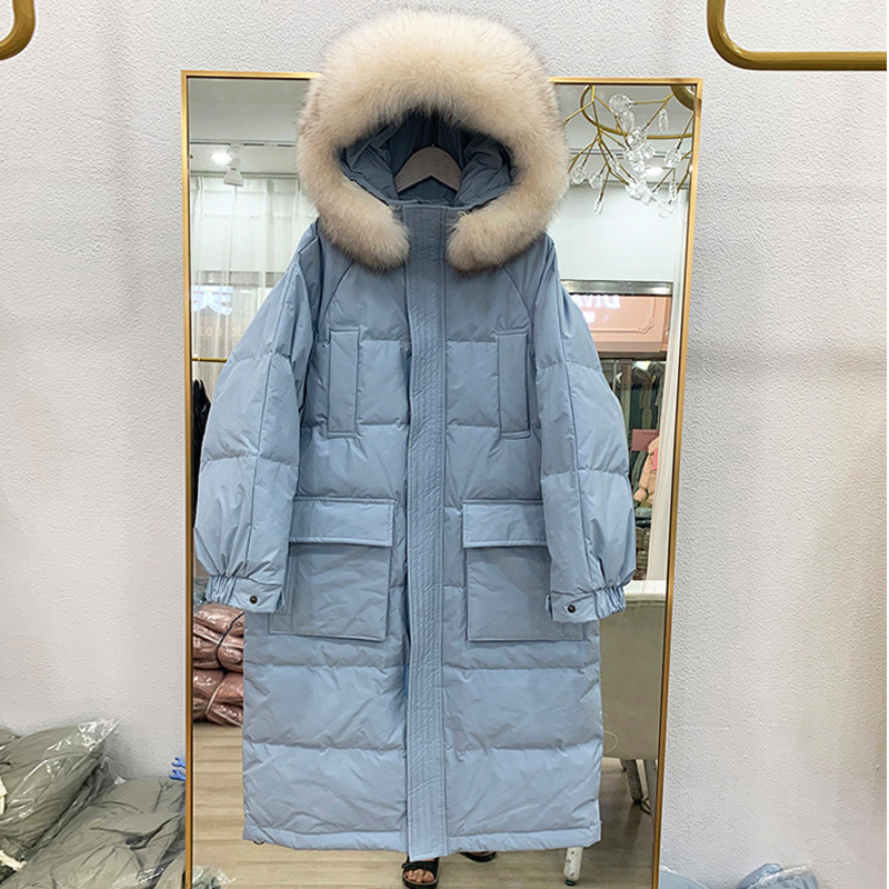 Big Real Fox Fur New Winter Jacket Women Hooded Long Down Parkas 90% White Duck Down Coat Female Loose Windproof Warm Coat 201019