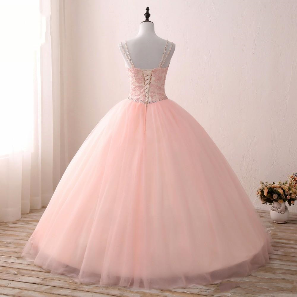 Princess Crystals Beaded Quinceanera Dresses Blush Pink Ball Gowns Lace Appliques Straps V-Neck Prom Dresses Floor Length Tulle Sweet 16 Dress vestido