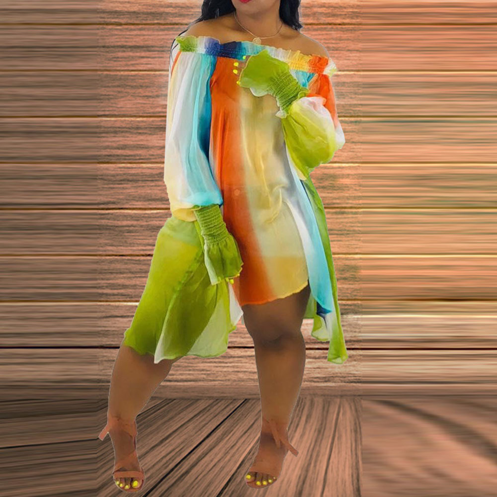 Casual Color Block Off Shoulder Long Sleeve Plus Size Dress Asymmetrical Oversize Summer Mini Dresses Short Striped Loose Robe LJ201202