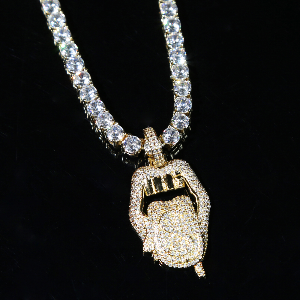 Iced out bling cz mouth pendant Dollar symbol engraved 5mm cz tennis chain dripping Lip necklace hiphop women men choker jewelry bulk