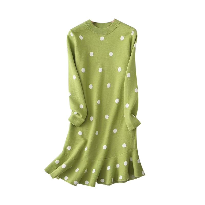 Women Elegant Polka Dot Knitted Sweater Dress Autumn Winter Casual Loose Dress Ruffles O-neck Long Sleeve Dresses Vestidos 201125