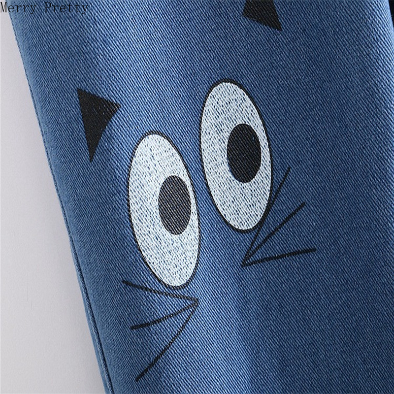 Women Cartoon Letter Print Funny Jeans Summer Fashion Bule Denim Jeans Female Ankle Length Straight Pants With Pockets 201029