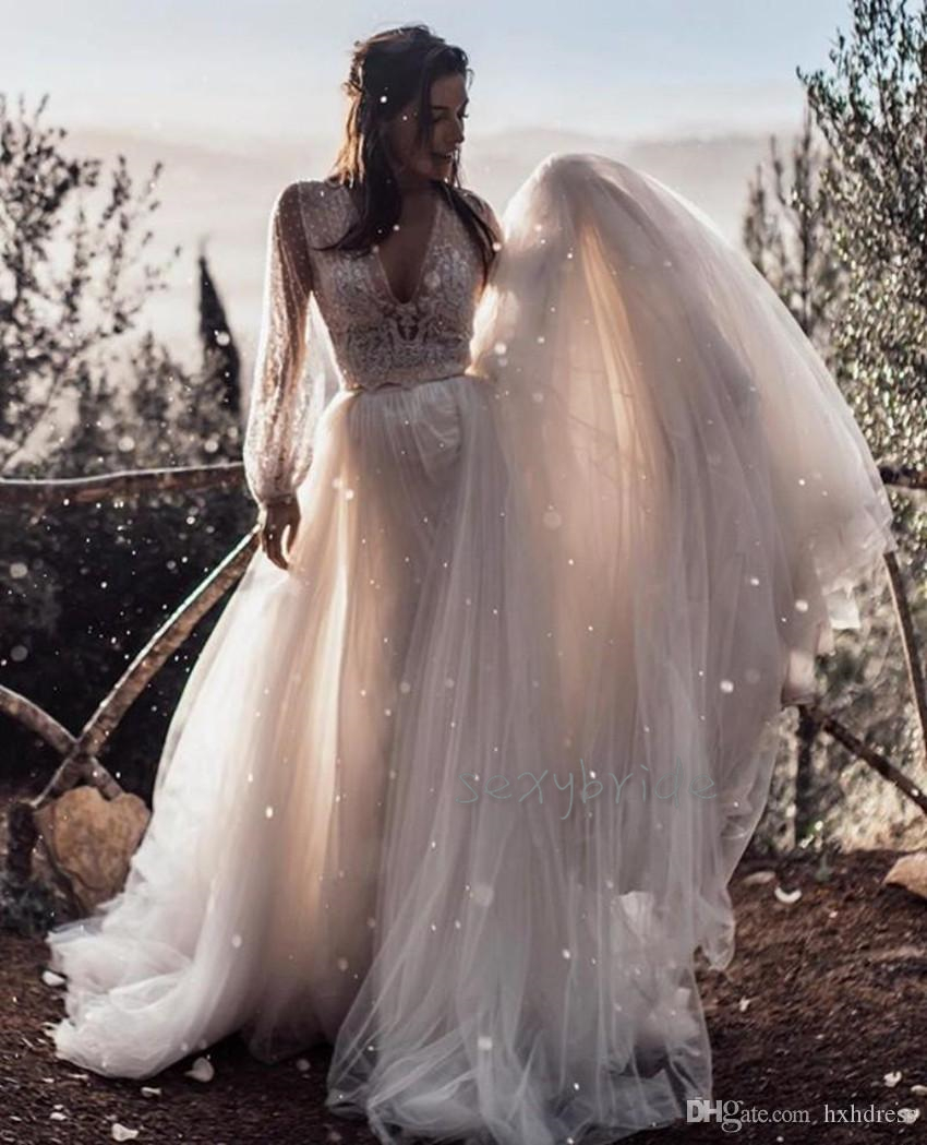 Two Piece Bohemian Dresses Puffy Tulle Skirt wy Boho Beach Wedding Dress Illusion Long Sleeve Country Bridal Gowns Newest