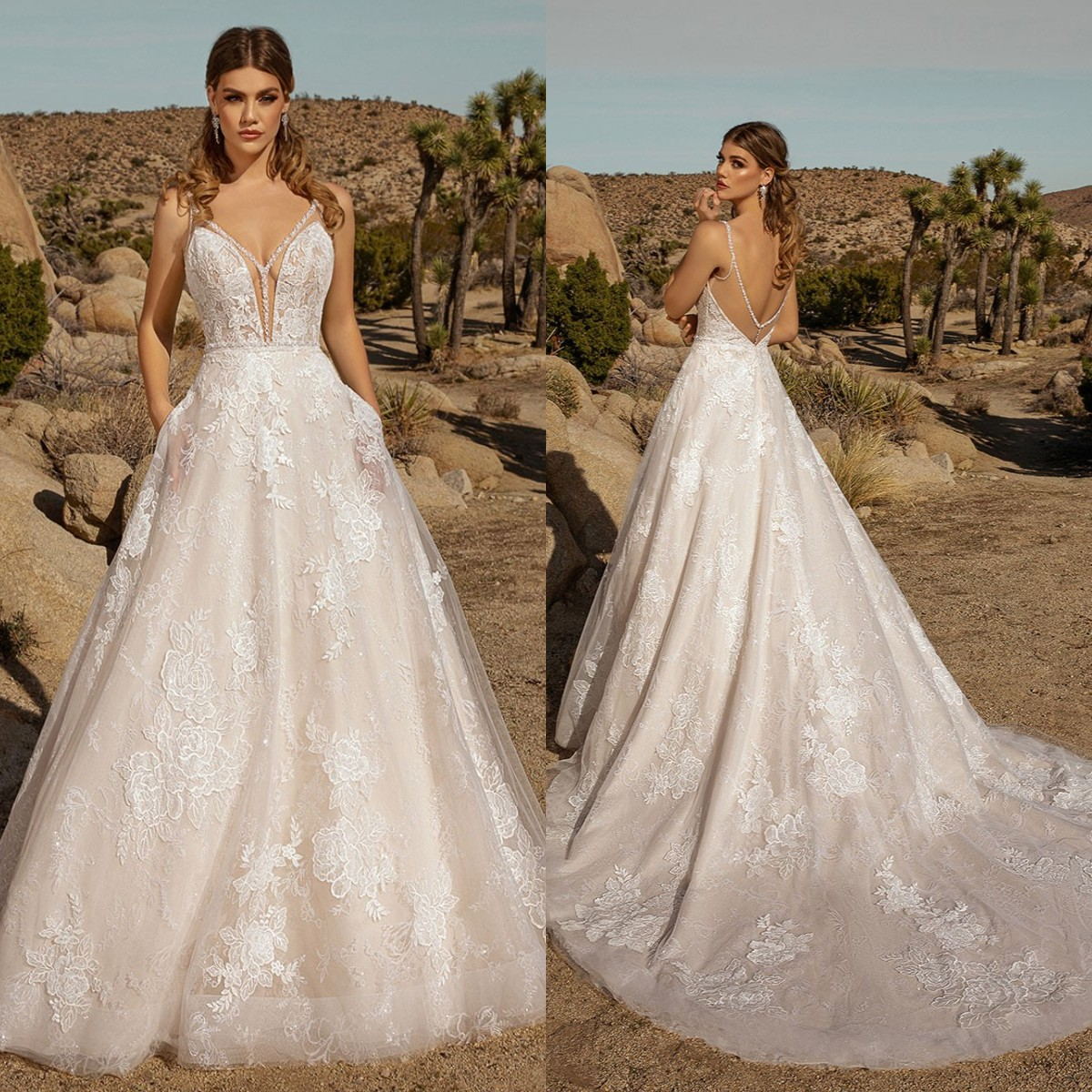 Kitty Chen 2021 Wedding Dresses A Line Bohemia Lace Appliqued V Neck Bridal Gowns Sweep Train Beaded Boho Wedding Dress