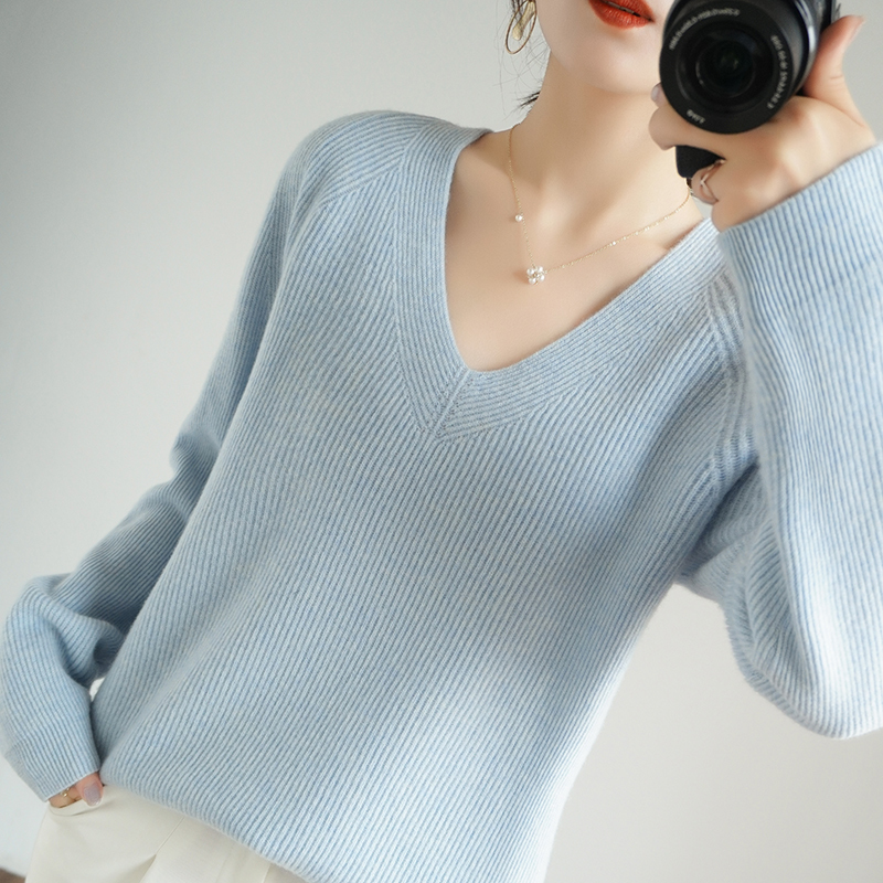 High-End Autumn Winter 100% Cashmere Sweater V- Neck Women's Female Loose Large Size Knitted Girl Clothes Tops Standard Outwear 201221