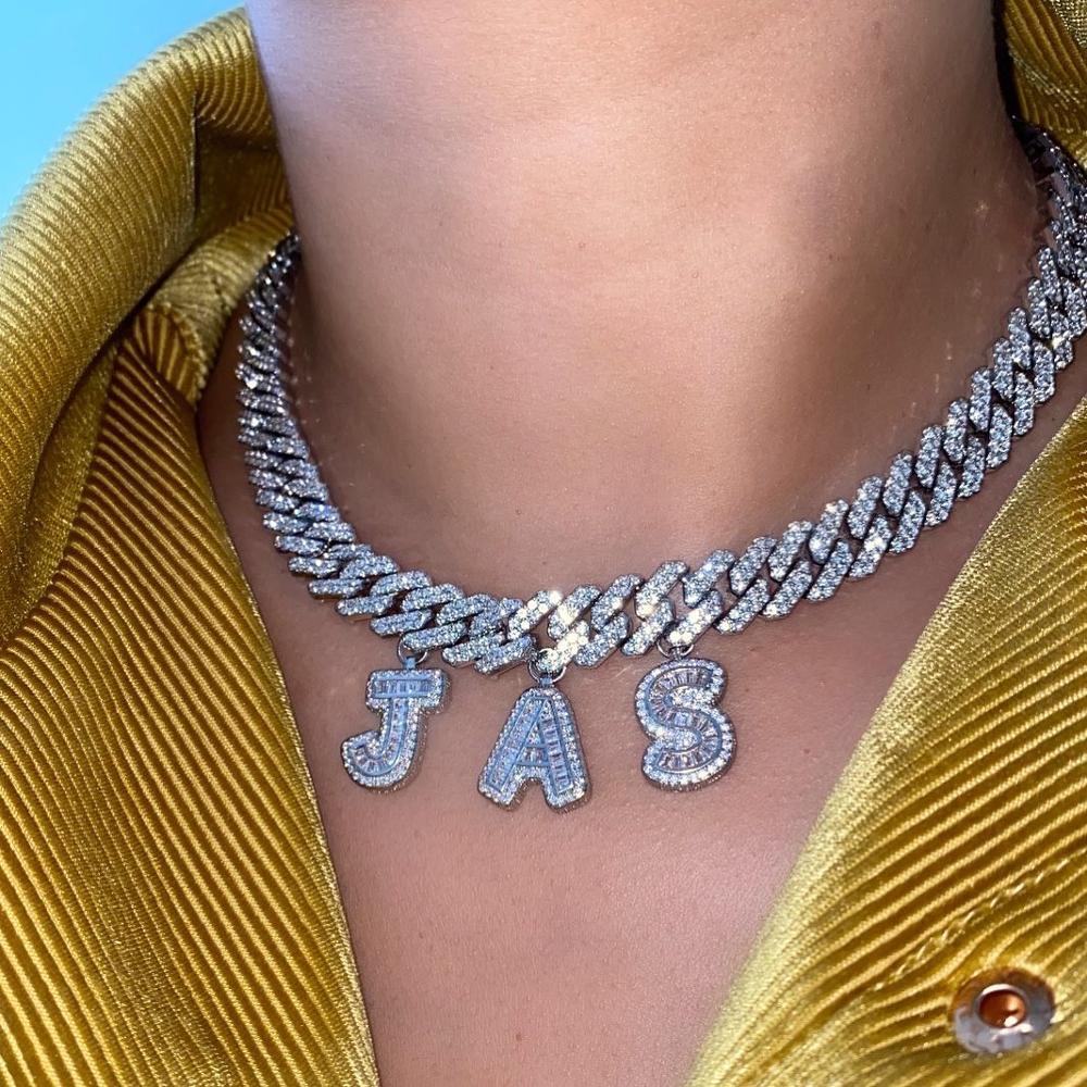 Top quality 5A cubic zirconia 12mm width cuban link chain Gold color iced out bling baguette cz 26 Alphabet Initial charm name necklace