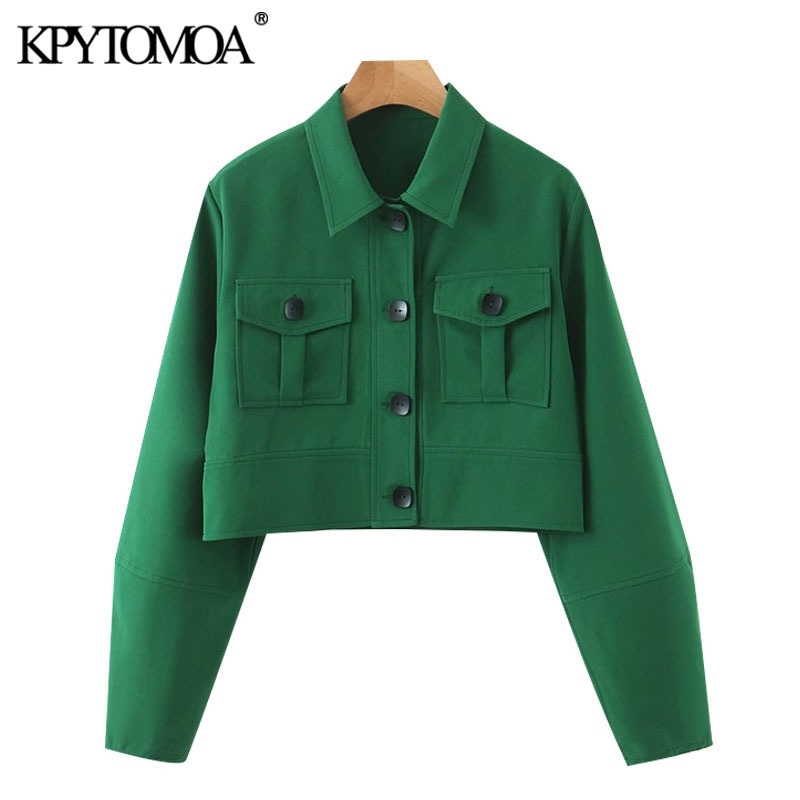 KPYTOMOA Women Fashion Safari Style Pockets Cropped Jacket Coat Vintage Lantern Sleeve Buttonup Female Outerwear Chic Tops 201017
