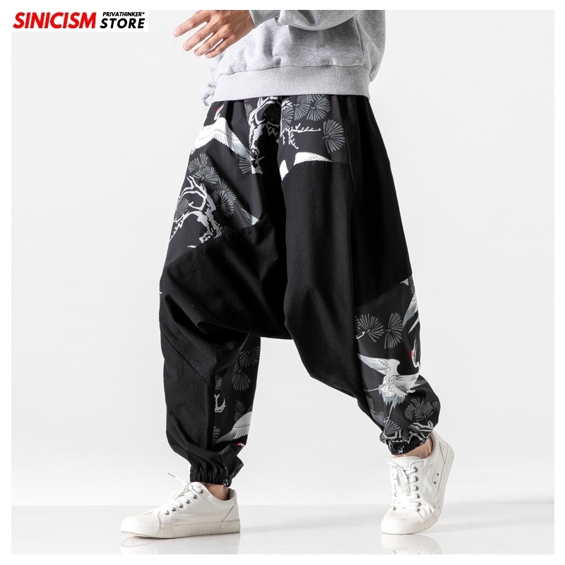 MrGoldenBowl Store Mens Loose Harem Pants Male Autumn Causal Baggy Traditional Pants Crane Print Cotton Pants 201116