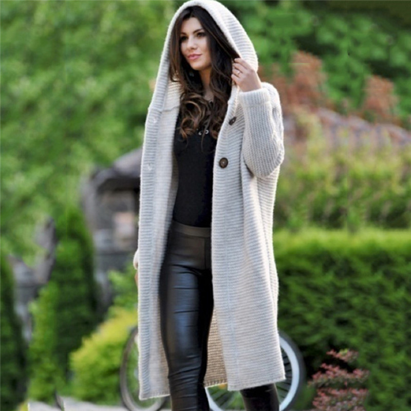 Women's Sweaters Winter Fashion Loose Knitted Sweater Female Autumn Long Cardigans Single Breasted Hooded Coat Plus Size 201031