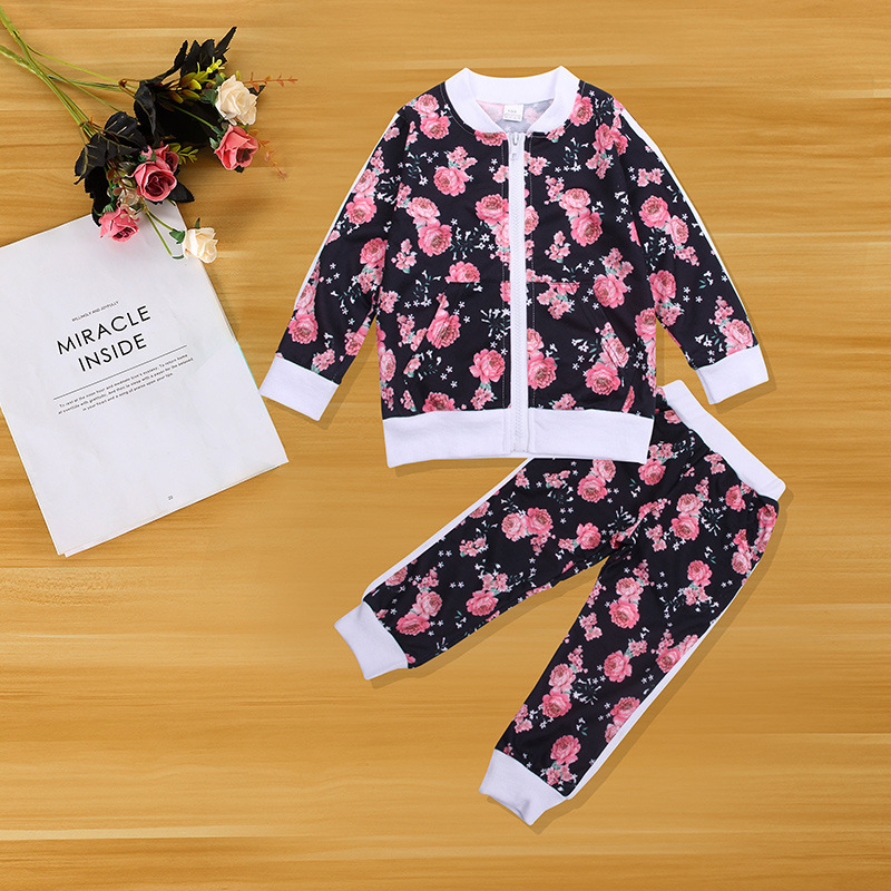 Print Floral Toddler Girls Winter Clothes Set 2020 Baby Girl Boutique Kids Clothing Sport Suit Hip Hop Girl Tracksuits Zip UpX1019