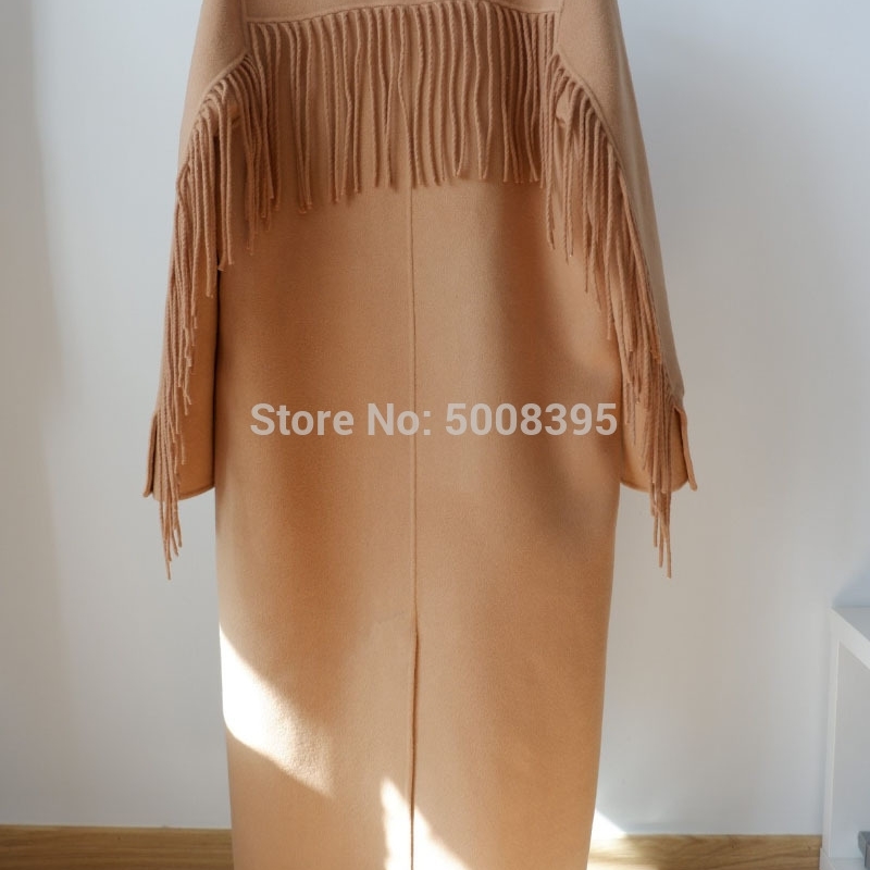 Woman Camel COLOR LONG 100% WOOL Trench Coat BACK Long TASSELS Sleeves Front Double Breasted Lapel Collar Fashion Coats 201222