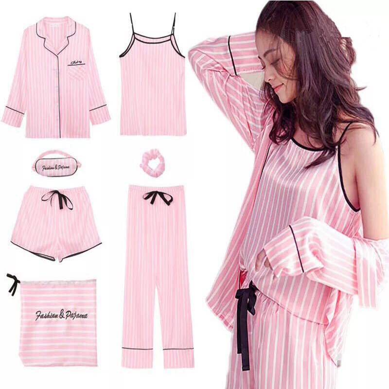 Kawaii ladies Sleepwear 7 Pieces Set Pyjama pink satin silk sexy pajamas Sets soft sweet cute Nightwear gifts home clothing 210203