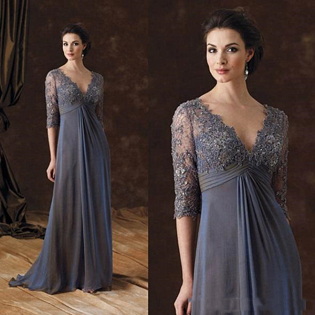Plus Size Mother Of The Bride Dresses High Waist Appliques Lace Sheer Sleeves A-e Chiffon Long Prom Evening Wedding Guest Gown