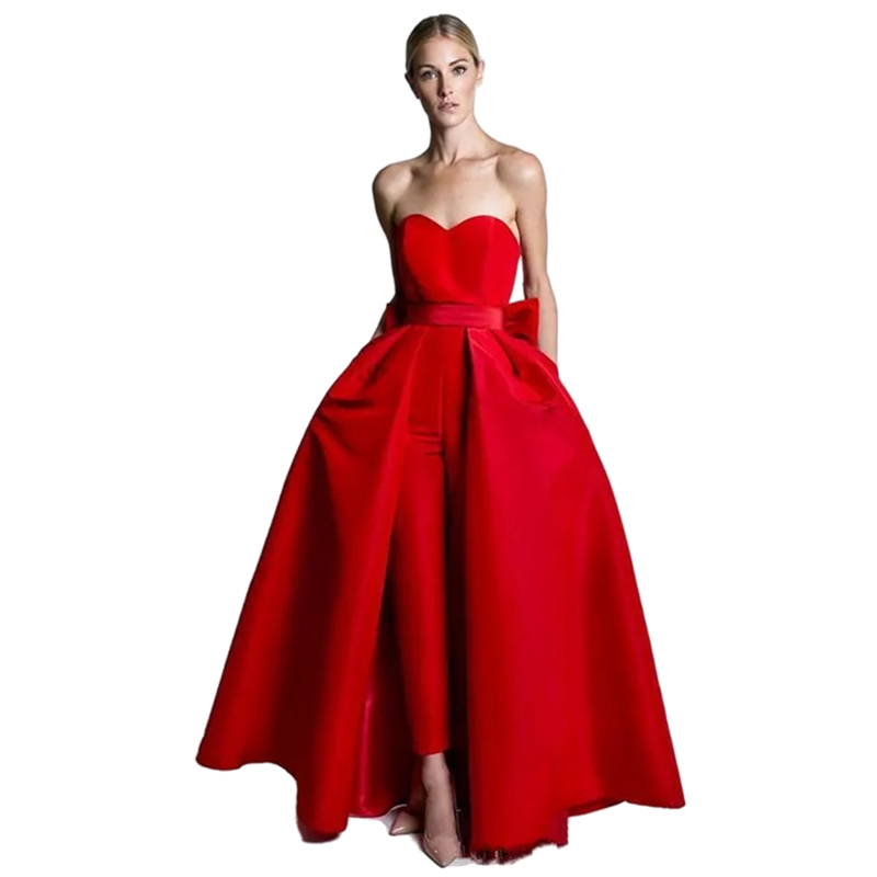 ELegant Red Jumpsuit Evening Dresses With Detachable Skirt 2022 Sweetheart Formal Pants Suit Prom Party Gown With Bow Sleeveless Jumpsuits Special Occ