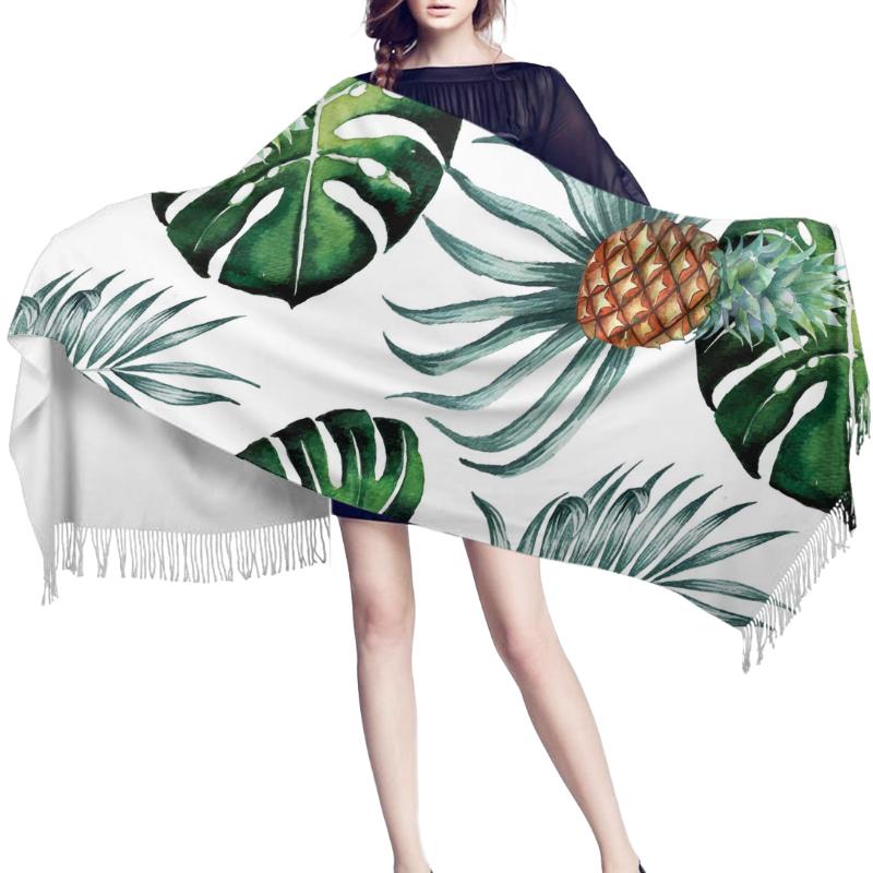 Women Cashmere Scarf Autumn Winter Hijab Wrap Summer Tropical Leaves Pineapple Printed Shawls Headband Summer Ladies Scarves