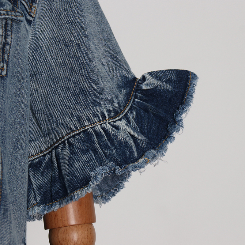 TWOTWINSTYLE Denim Patchwork Mesh Women's Jacket Lapel Collar Short Sleeve Ruffle Jacket Female Streetwear Spring Fashion 201023