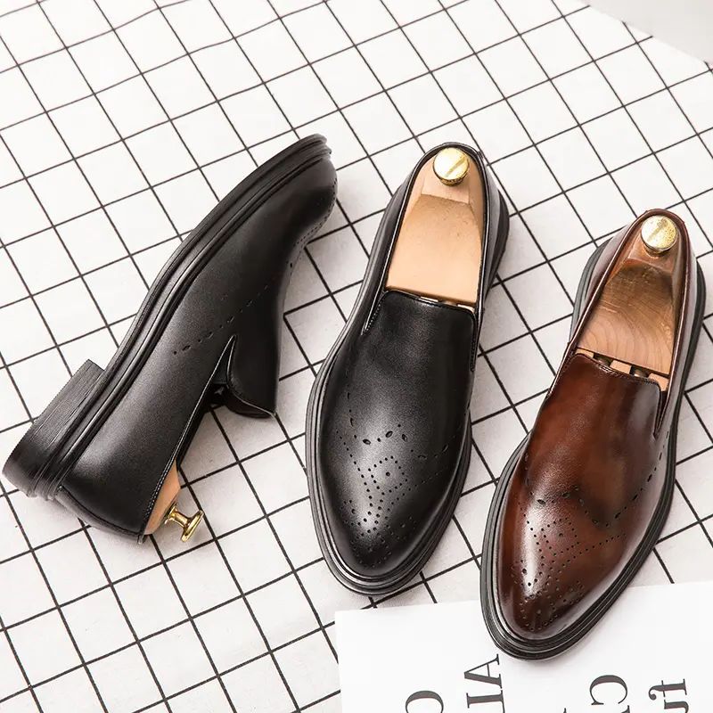 Men Shoes Shallow Spring Autumn Round Toe Slip on Simplicity PU Leather Casual Business Shoes 2021 New Dress Classic Comfortable DP121