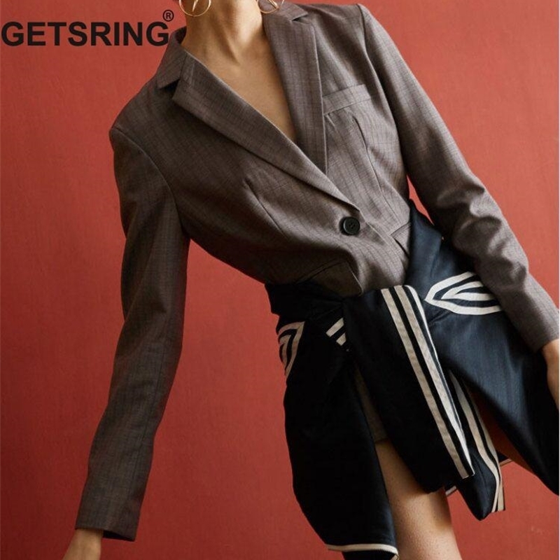 GETSRING Women Suit Blazer Striped Bangage False 2 Blazers Long Sleeve Single Breasted Suit Coat All Match Woman Tops Autumn New 201026