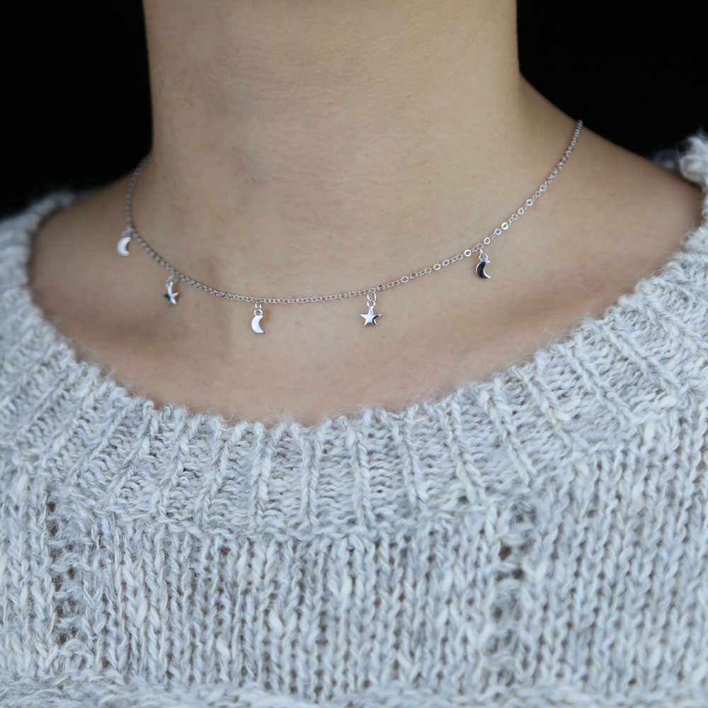 100 925 sterling silver minimal delicate moon star multi charm necklace for women high quality simple elegant necklace jewelry