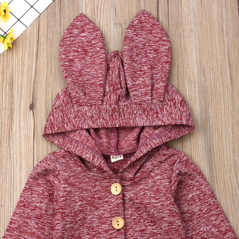 New Newborn Infant Baby Girl Boy Fashion Style Solid Cute Rabbit Ears Hooded Cotton Romper Button Jumpsuit Outfits Clothes 0-24M Y1221