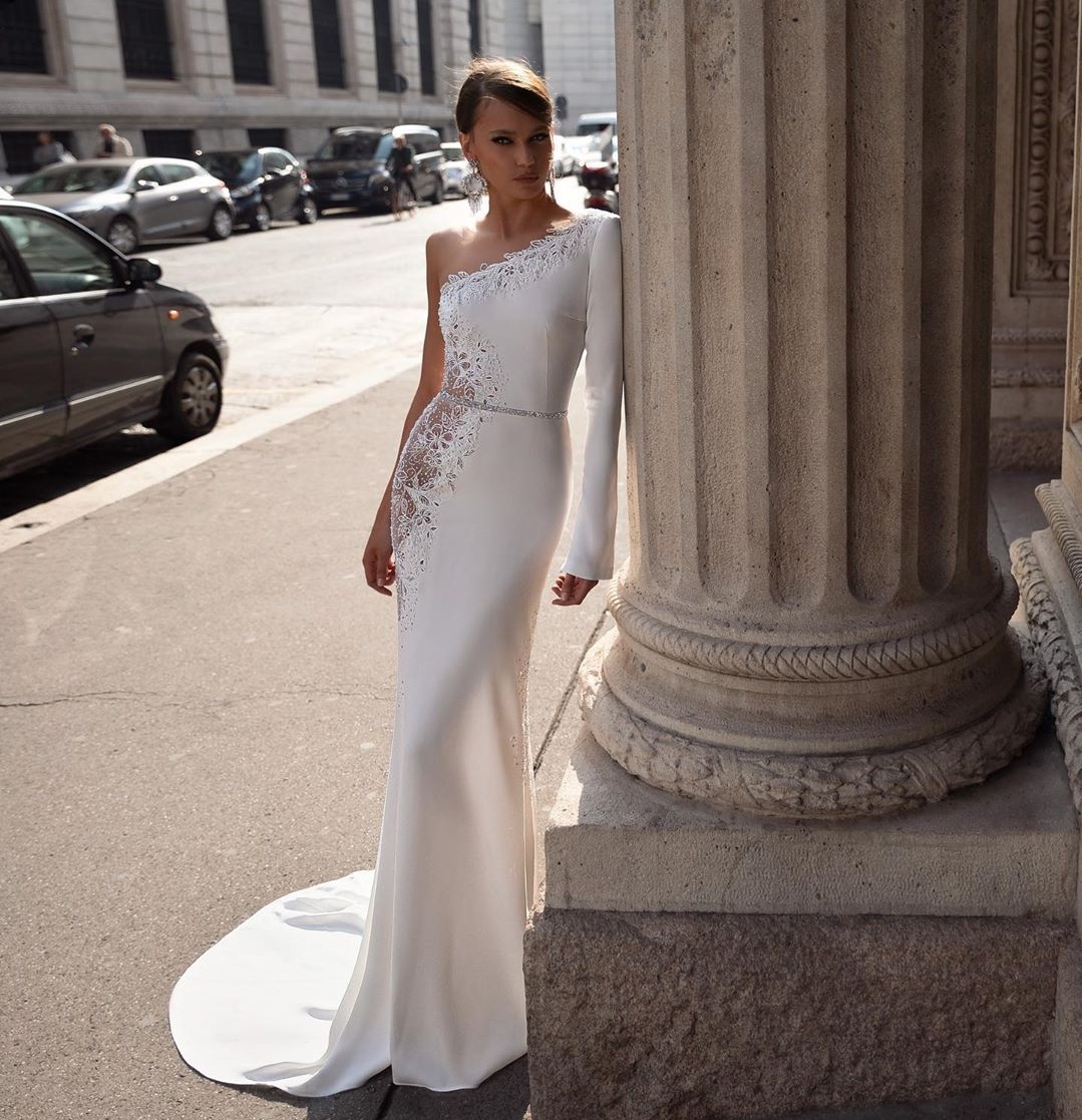 Lace Attractive Mermaid Backless Wedding Dresses Beaded One Shoulder Long Sleeves Bridal Gowns Sweep Train Chiffon Robe De Marie