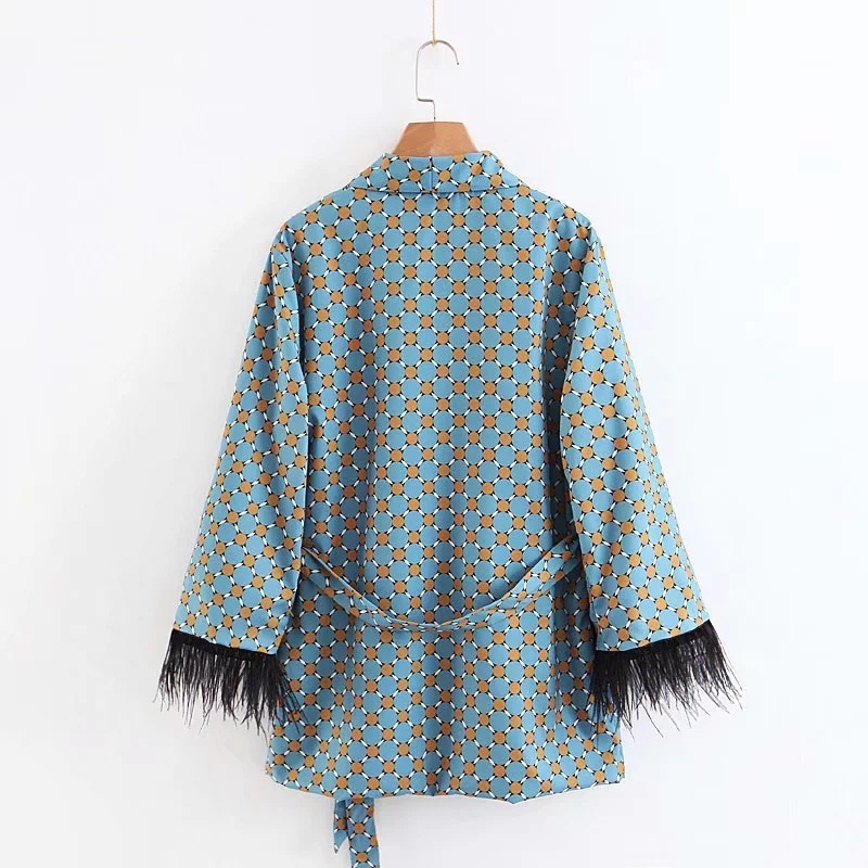 Women's suits 2019 New Arrival Blue Printed Kimono Jacket with Feather Sleeves Wide Leg pants twopiece Vintage Clothing Suits T200818