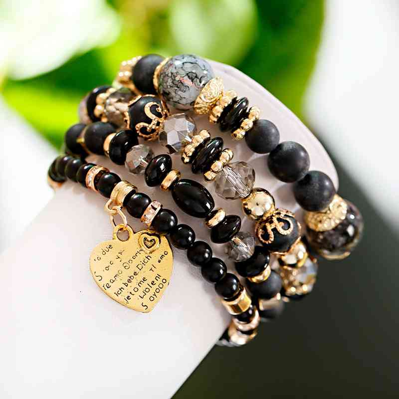 Tophanqi 4pcs/set Fashion Gold Metal Heart Crystal Beads Black Stone Beaded Bracelets Set for Women Boho Style Jewelry Gifts