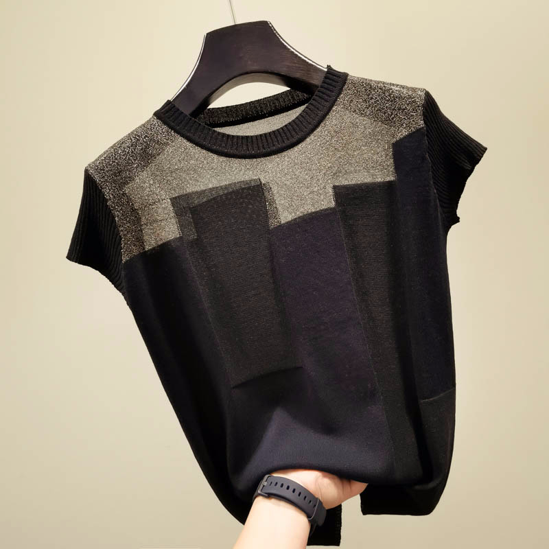 Korean patchwork Ice silk knitted sweater women o-neck short sleeve pullover fashion thin sweaters summer new arrival tops 201030wtt