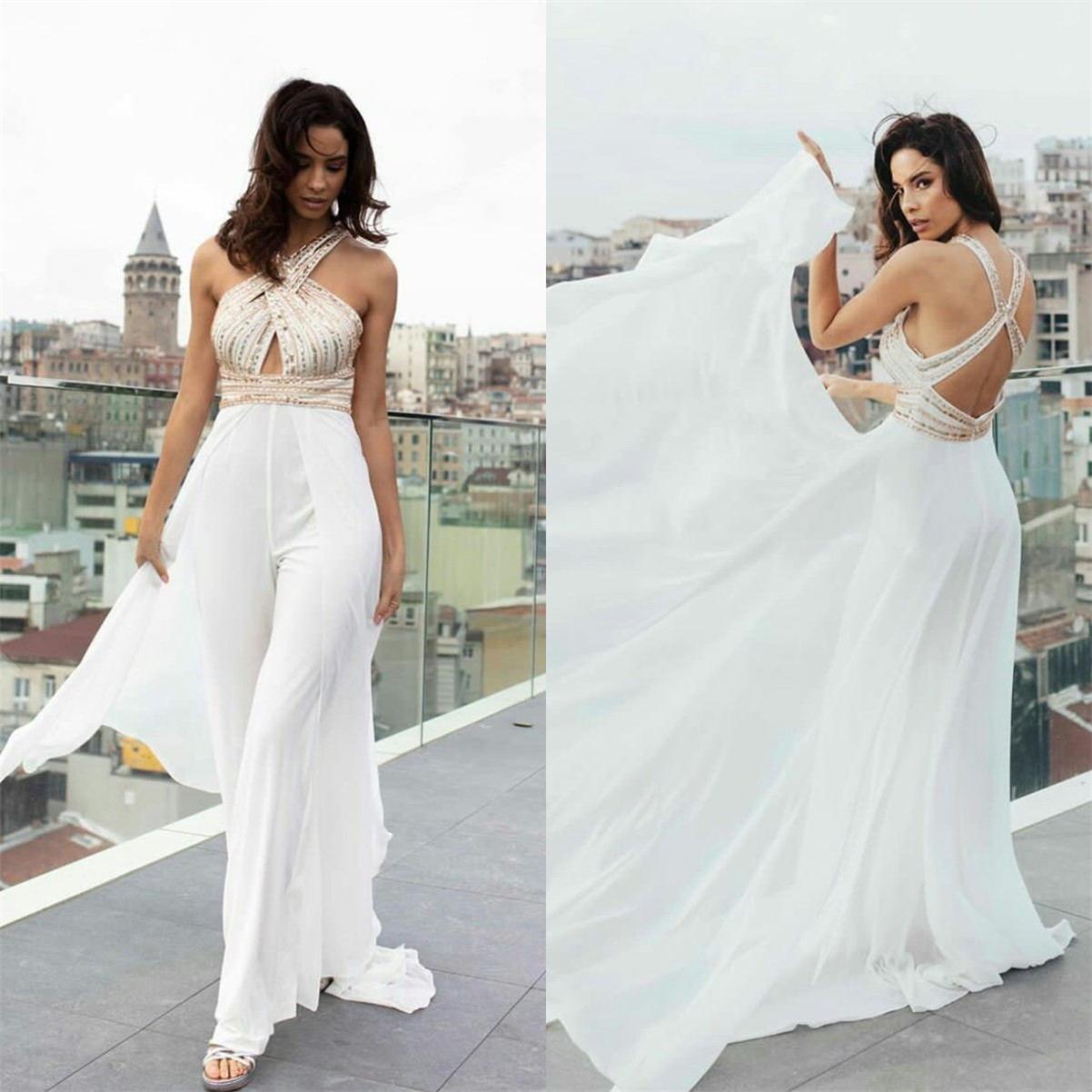 2021 A Line Prom Dresses with Overskirt Women Jumpsuit Criss Cross Strap Sequined Eveing Gowns Plus Size vestido de novia