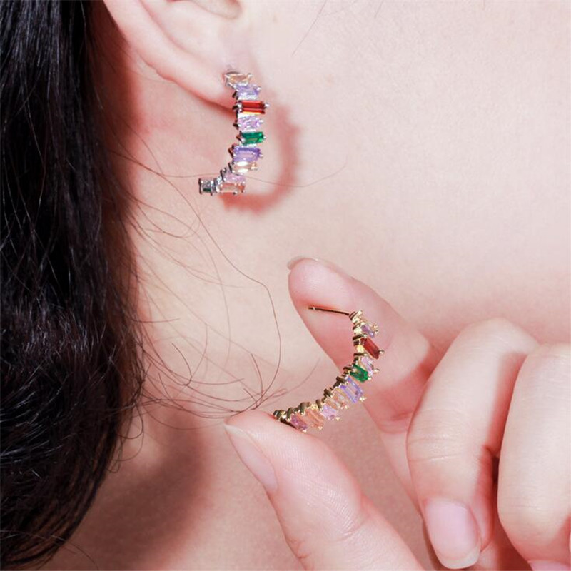 Top Sell Luxury Jewelry 18K White&Gold Fill T Princess Cut Multi Color Topaz CZ Diamond Popular Women Wedding Stud Earring For Lover Gift