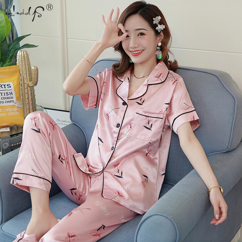 Floral Silk Pajamas Set Women Satin Sleepwear Short Sleeves Long Pants Sleep Suit Ladies Silk Pyjamas Home Clothing Nightwear 210203