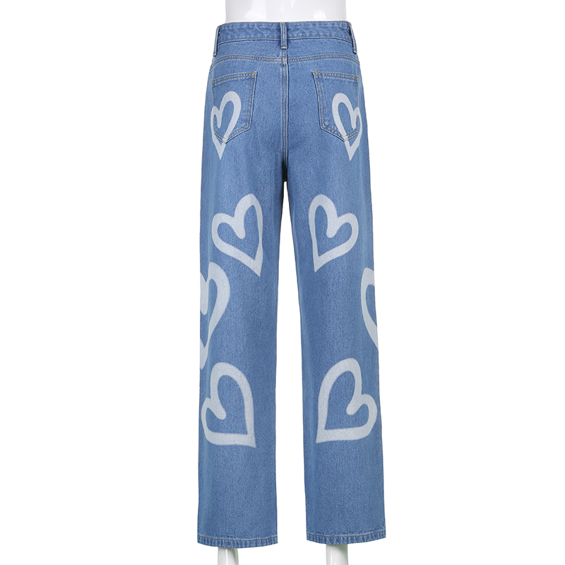 Women Causal Vintage Jeans Heart Printed Baggy Jeans Women High Waist Lady Jeans Denim Streetwear Trousers