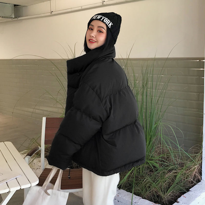 Korean Style Winter Puffer Jacket Women Stand Collar Solid Black White Female Coat Loose Oversized Womens Short Parka Coats 201019
