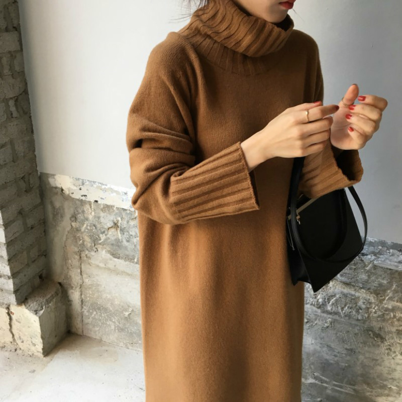 Women Autumn Winter thick Turtleneck long Sweater Dress ladies Long Sleeve straight split Knitted pullover dresses solid 201008