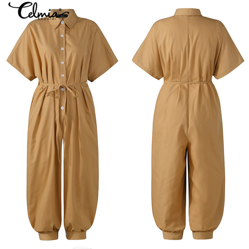 Celmia Women Vintage Jumpsuits Plus Size Short Sleeve Rompers Casual Loose Buttons Cargo Pants Summer Overalls Playsuits 7 201007
