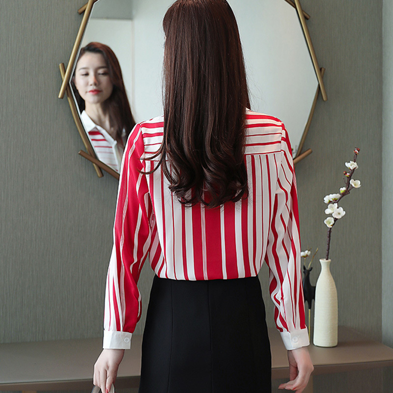 Femal Slim Shirts Striped Shirt Women Autumn New Korean Women Full Sleeve Shirts Turndown Collar Chiffon Blouses 6108 50 T200322