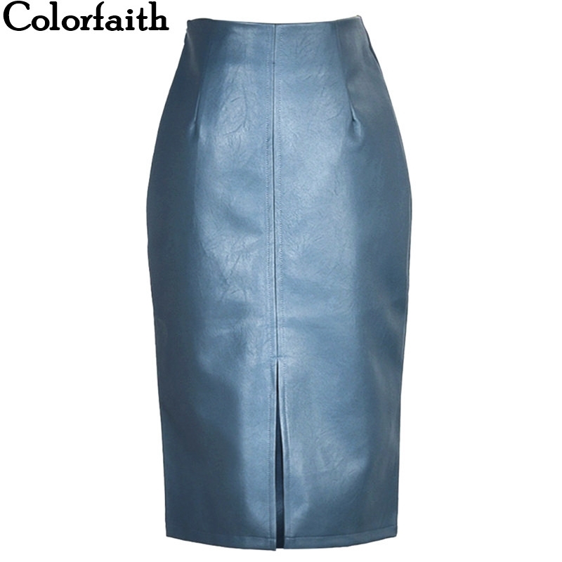 Colorfaith 2019 Women Pu Leather Midi Skirt Autumn Winter Ladies Package Hip Front Or Back Slit Pencil Skirt Plus Size Sk8760 T190827
