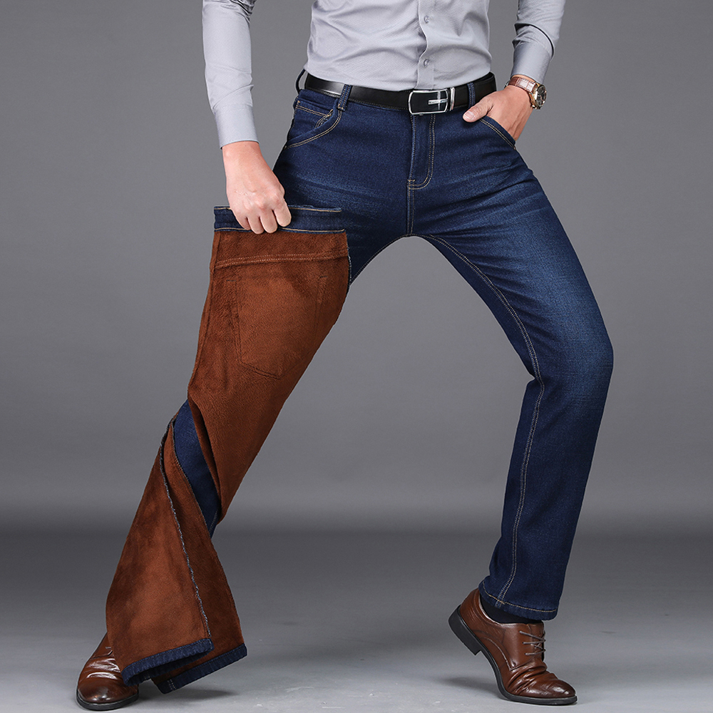 NIGRITY Winter Men's Warm Fleece Jeans Stretch Casual Straight Thick Denim Flannel Jeans Soft Pant Trousers Plus Size 28-44 201223