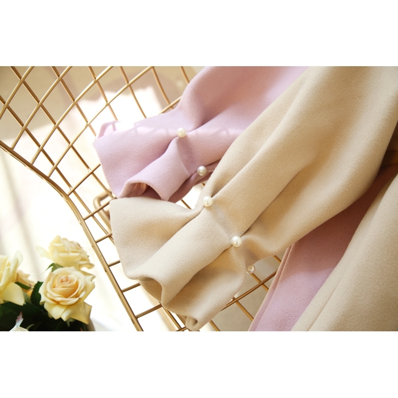 EWQ Women Coat Outerwear Winter Lovely Warm Woolen Blends Female Elegant Flare Sleeve Beading Loose Woolen Coat 201223
