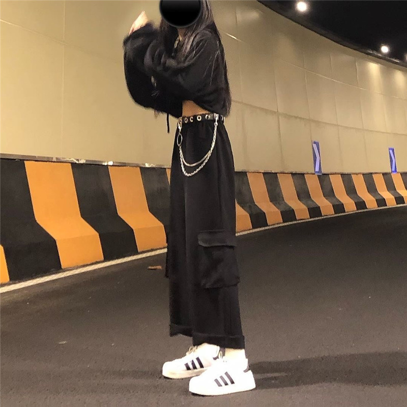With Chain Baggy Cargo Solid Black Pants Gothic Harajuku Streetwear Hip Hop Women Pants Female Wide Leg Pants Pocket Korean 201106