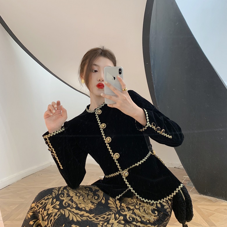 New design womens retro royal style o-neck long sleeve slim waist color block velvet fabric jacket coat casacos SMLXL