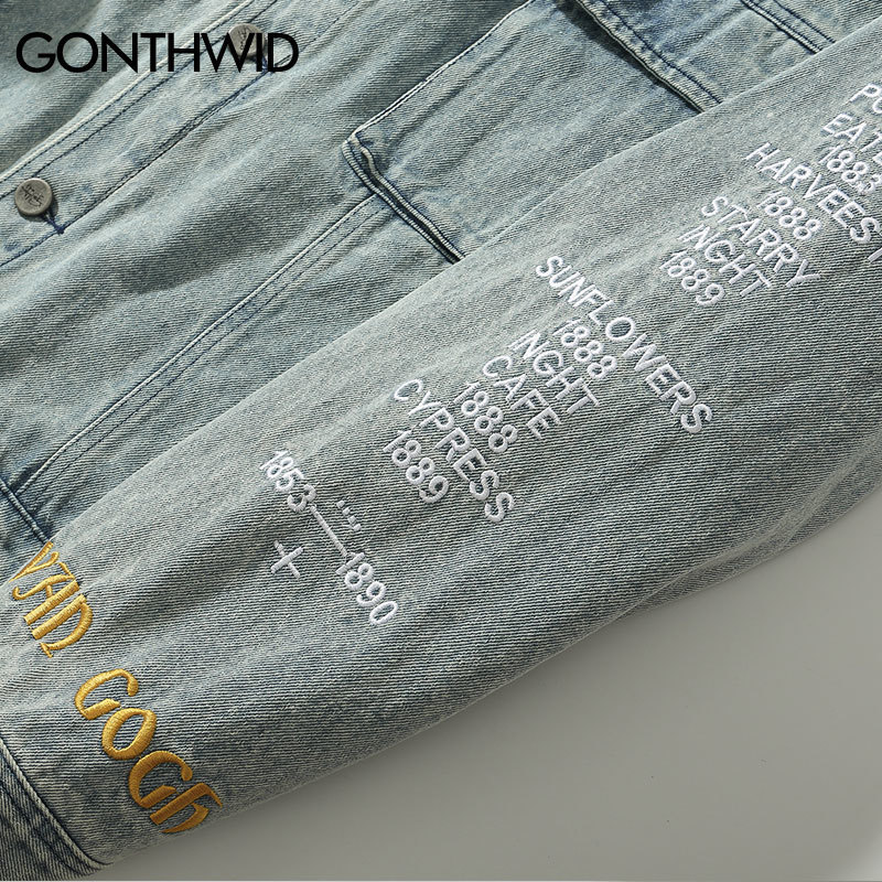 GONTHWID Van Gogh Painting Patchwork Embroidery Denim Jackets Hip Hop Casual Loose Jean Jackets Streetwear Fashion Outwear Coats 201118