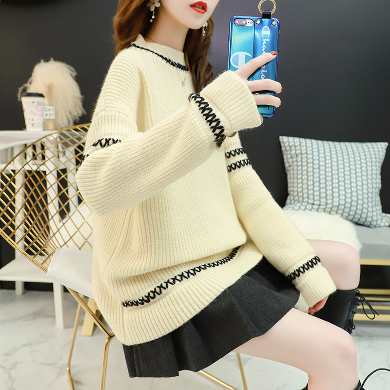 Autumn New Korean Autumn Winter Pullover Clothes Girl Loose Sweet Knitted Sweater Women Long Sleeve Round Collar Tops 210204