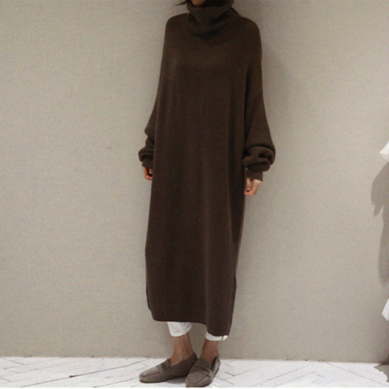 Women Autumn Winter Thicken Turtleneck long Sweater Dress ladies oversized long sleeve split knitted pullover dresses casual 201110