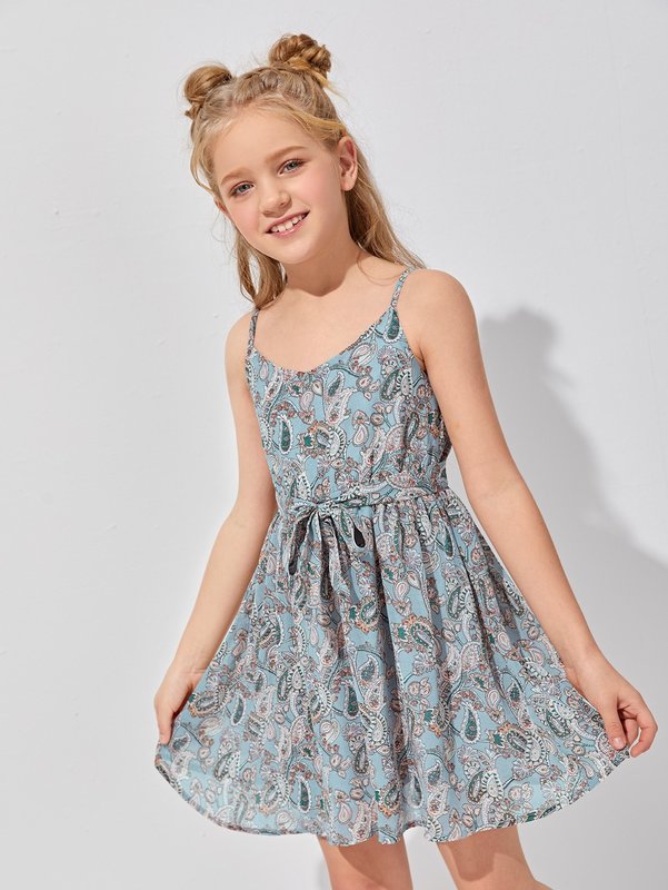 Girls Allover Paisley Print Belted Slip Dress SHE